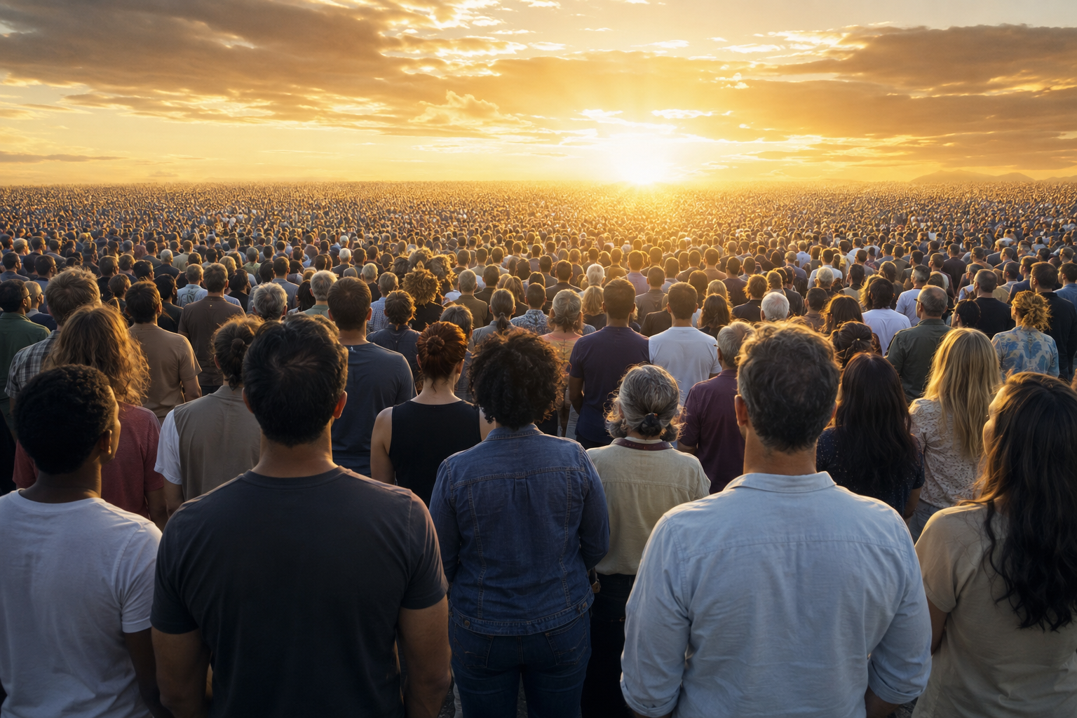 A vast diverse crowd of ordinary people gathered toward a radiant sunrise, representing the global harvest