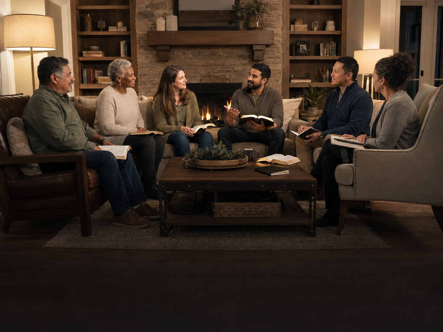 A diverse small group studying the Bible together in a warm living room