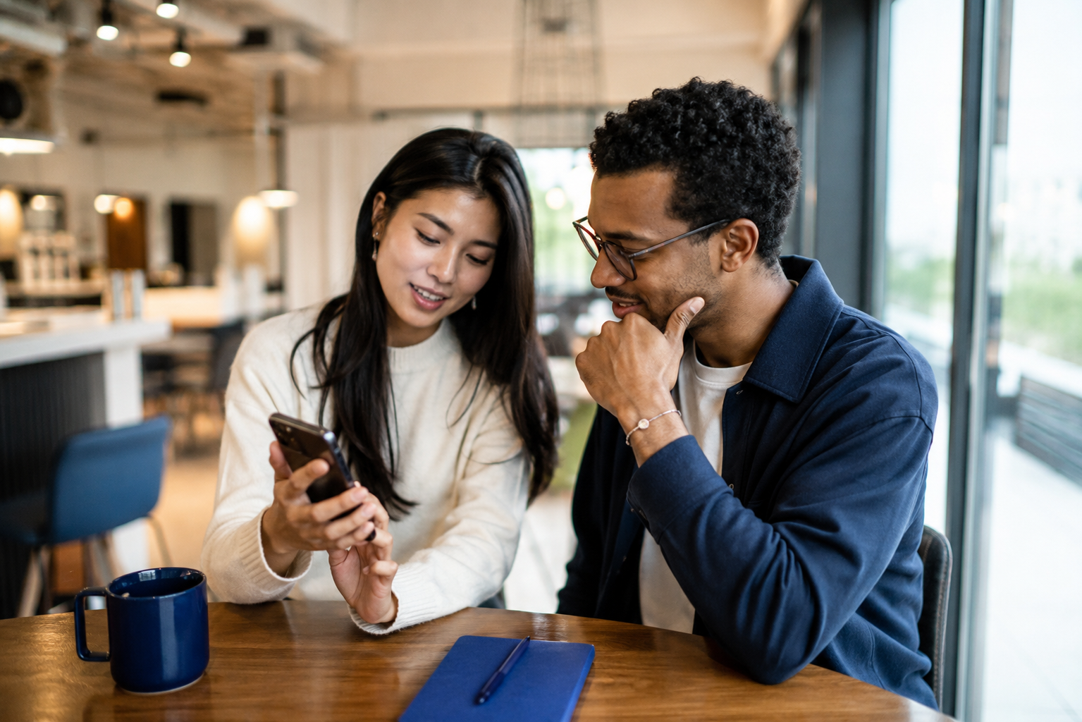 Two friends sharing a meaningful video from a phone in an everyday setting