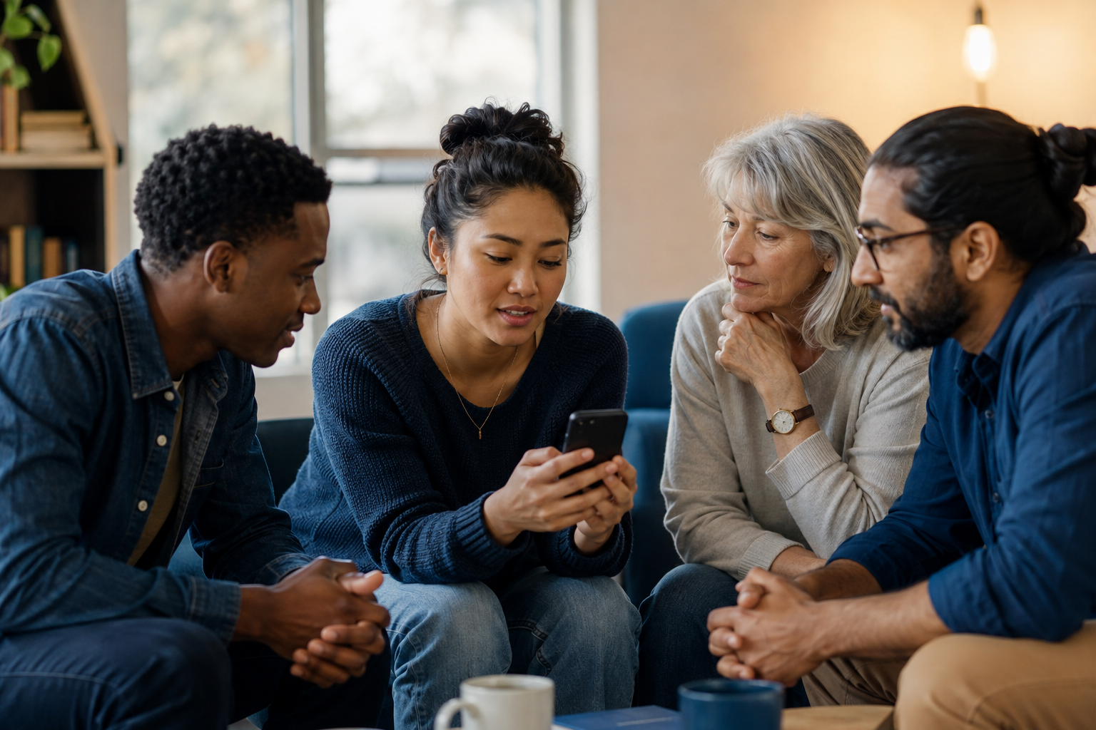 A believer supported by trusted people while continuing a meaningful conversation by phone