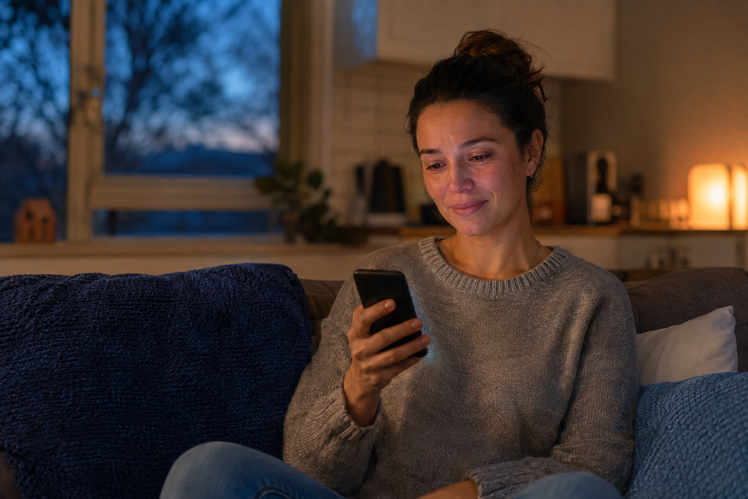 A woman receiving timely hope through a video on her phone during a difficult moment