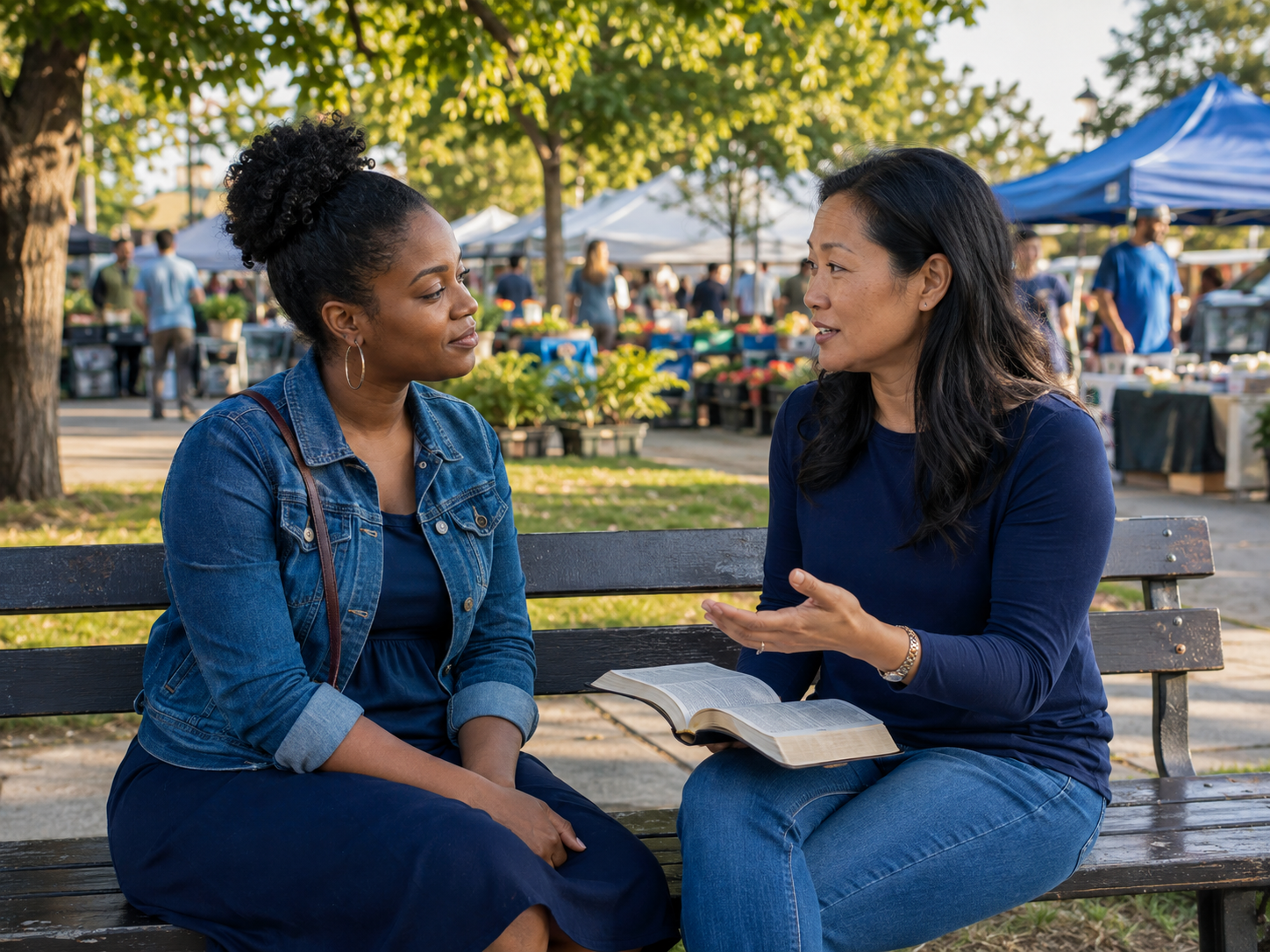 Two women sharing a meaningful Gospel conversation beside a neighborhood market
